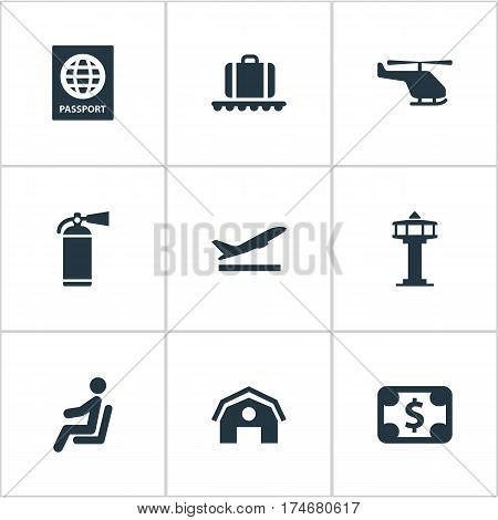 Set Of 9 Simple Transportation Icons. Can Be Found Such Elements As Seat, Currency, Protection Tool And Other.