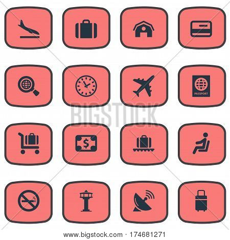 Set Of 16 Simple Airport Icons. Can Be Found Such Elements As Garage, Alighting Plane, Global Research And Other.