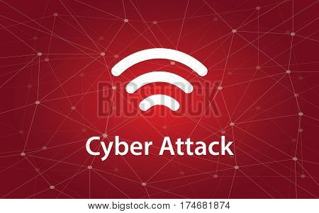 cyber attacks white text illustration with constellation map on red background and signal bar icon vector