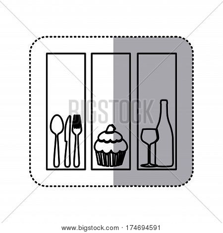 monochrome contour sticker with set frames with silhouettes cupcake and culinary elements vector illustration
