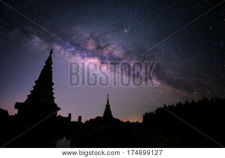 Milky Way With Two Pagoda In Chiang Mai