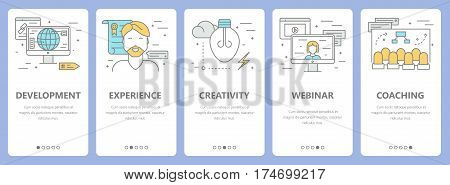 Vector set of e-learning concept vertical banners. Development, experience, creativity, webinar and coaching concept elements. Thin line flat design symbols, icons for website menu, print.