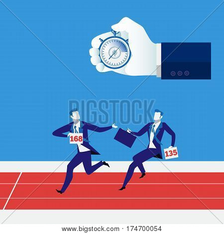 Vector illustration of businessmen relay race and human hand with stopwatch. Teamwork, partnership concept design element.