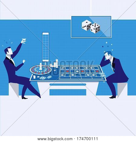 Vector illustration of two men, businessmen gambling on cards in casino. Winner and loser players.