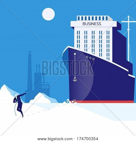 Vector illustration of businessman pulling huge business ship with rope. Business leadership, hardship and burden concept flat style design.