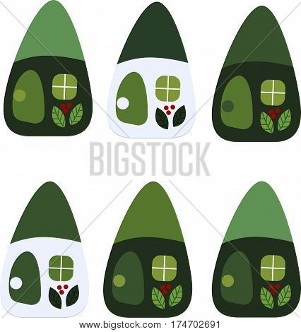 drawing of a cartoon cute toy fairy house - six houses in a green color scheme