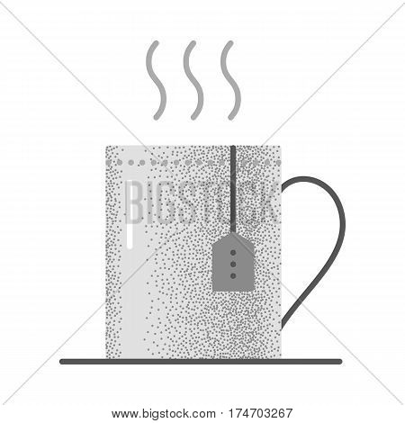 Set of black and white vintage tea icons with retro texture. Cup with hot tea and teabag. Mug with herbal beverage. Vector vintage icon. Illustration isolated on white background.