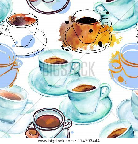 A seamless coffee pattern with freehand watercolour and ink drawings of coffee cups on white background