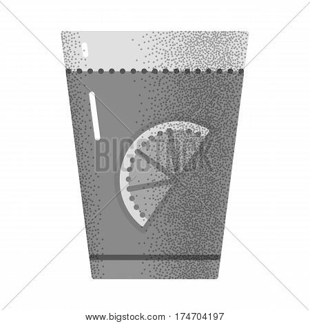 Set of black and white vintage tea icons with retro texture. Glass with fresh lemon and green liquid. Cup with herbal tea. Vector vintage icon. Illustration isolated on white background.