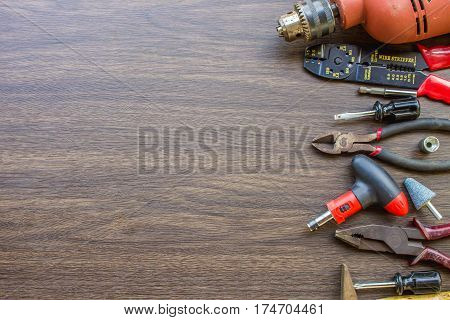 Set of tools tool box for construction electronic building carpentry with copy space.