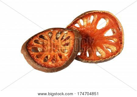 Dry bael fruit is good for health on white background