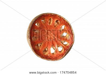 Dry bael fruit is good for healthon white background