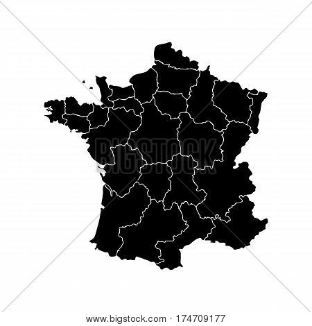 France map with borders of the regions. Detailed vector illustration of French Republic . Black outlines isolated on white background. Image for political articles and official documents.