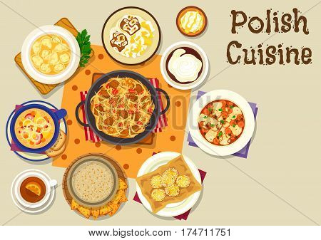 Polish cuisine tasty lunch icon with bean sausage soup, cabbage stew with sausage and ham, beer bread soup, meat dumplings, carp fish vegetable stew, lamb steak, donut, pumpkin starch drink