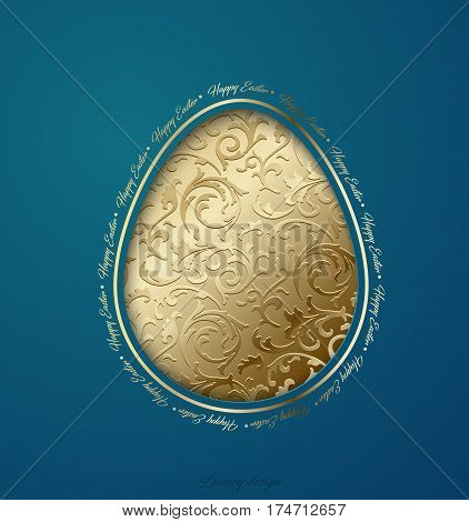 Easter greeting card with caper cut egg golden floral pattern. Turquoise background. Happy Easter text around.