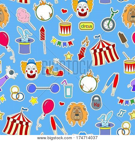 Seamless pattern on the theme of circus simple colored icons patches on a blue background