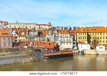 Prague downtown aerial panorama with famous landmarks, Czech Republic