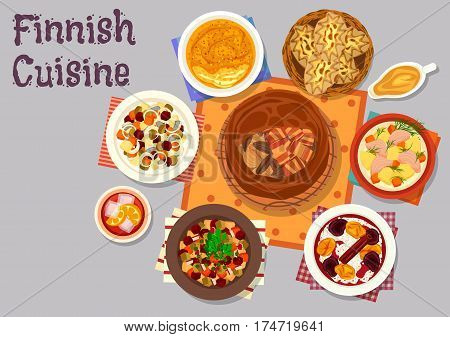 Finnish cuisine traditional dishes icon with fish bacon pie, salmon cream soup, vegetable herring salad, beet salad, rye pie with rice, turnip casserole with cream, rice porridge with fruit
