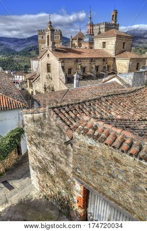 View of historic building roofs of Guadalupe Town Caceres Extremadura Spain