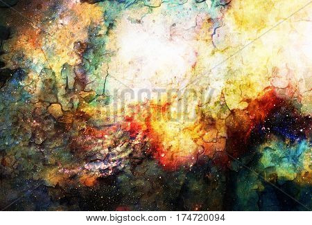 Cosmic space and stars, color cosmic abstract background. Fire and crackle effect