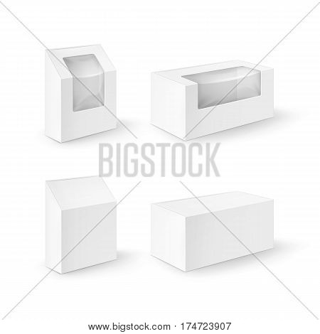 Vector Set of White Blank Cardboard Rectangle Take Away Boxes Packaging For Sandwich, Food, Gift, Other Products with Plastic Window Mock up Close up Isolated on White Background