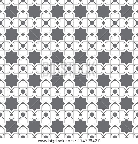 Vector seamless pattern. Abstract linear textured background. Modern geometric texture with outline crosses rhombuses stars. Regularly repeating geometrical thin line grid. Linear mosaic