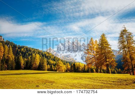 Scenic alpine peaks Durrenstein. Magical and gorgeous scene. Location place Dolomiti, national park Fanes-Sennes-Braies, province of Bolzano - South Tyrol, Italy. Europe. Discover the world of beauty.