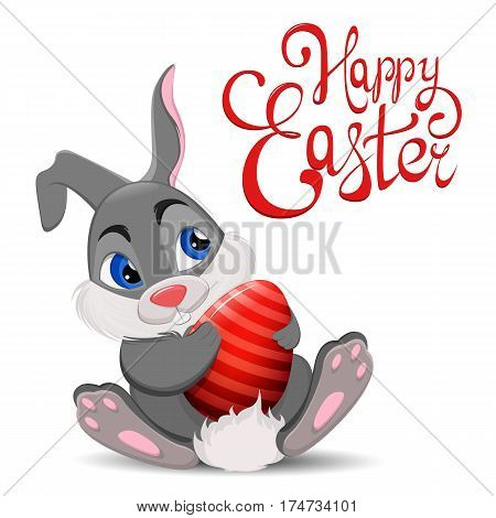 Gray Easter Rabbit sitting and holding egg. Cute cartoon Easter Bunny character with hand drawn lettering. Stock vector illustration