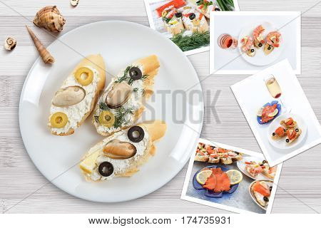 Beautiful snapshots of various italian sandwiches with seafood arranged on rustic wooden background with plates with food and seashells with copy space horizontal top view.