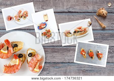 Beautiful snapshots of various italian sandwiches with seafood arranged on rustic wooden background with plates with food and seashells with copy space horizontal top view.