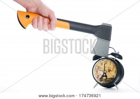 Ax breaking black alarm clock isolated on white background.