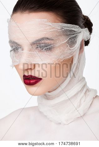 Beauty makeup plastic surgery white bandage model contept on white background