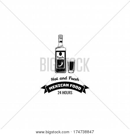 Tequila Glass and Botlle. Alcohol Drink Vintage Label. Badge vector Elements. Isolated On White Background