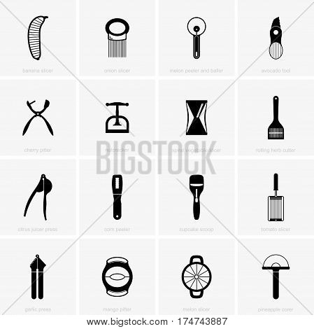 Set of cutting kitchen tools on grey background