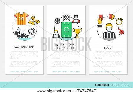 Football Soccer Business Brochure. Linear Thin Line Vector Icons Set with Ball and Sport Elements