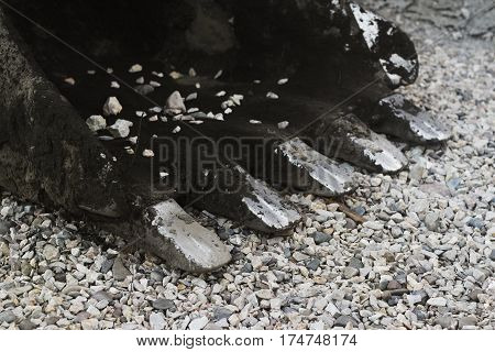 excavator bucket is on the rocks, close up