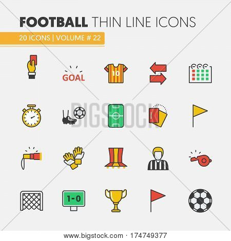 Football Soccer Linear Thin Line Vector Icons Set with Ball and Sport Elements