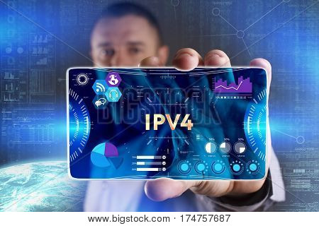 Business, Technology, Internet And Network Concept. Young Businessman Showing A Word In A Virtual Ta