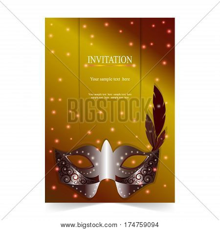 Invitation card with Carnival mask and feather and light background