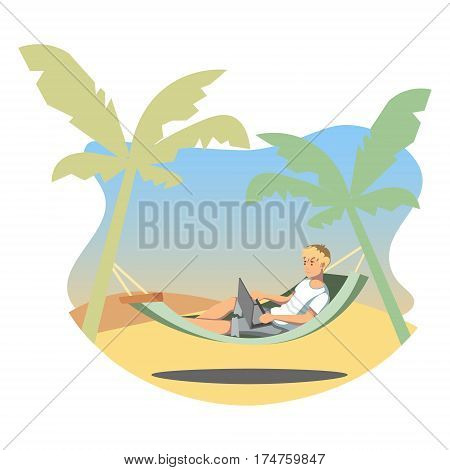 A man working on a computer while lying on a hammock