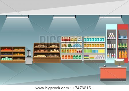 Stands and shelves with products. interior shop