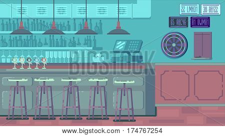 Bar Restaurant with counter in flat style. banner of interior with bar counter, bar chairs and shelves with alcohol.