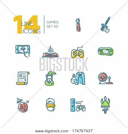 Video - modern vector thick line design icons set with accent color. Joystick, sword, mobile device app, book, portable, game console, paper, wizard, magic accessories camera ufo virtual reality. Material design concept symbols