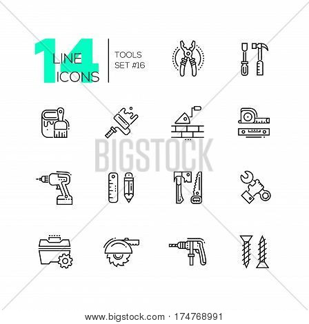 Tools - modern vector single line icons set. Pliers, screwdriver, hammer, paint, brush, roller, brick, trowel, tapeline, level, drill, pencil, ruler, saw, axe, wrench, hand, toolbox