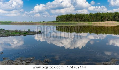 Spring panoramic landscape with lake Kozachy Liman in Chernetchina village Ukraine