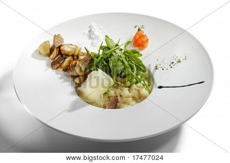 Rizoto s rukolou, Tartufo Bianco (bílých lanýžů) a hřiby a rajčaty