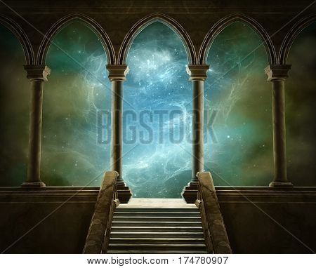 Fantastic gallery witn columns and stairs and a beautiful sky at the back. 3D rendering