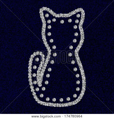 Silhouette of cat with Rhinestones diamonds on the dark blue coton texture. Vector illustration.