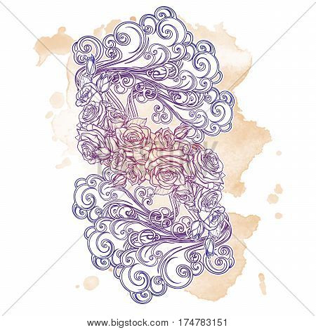 Element Air. Decorative vignette with curly clouds and rose flower garland. Pastel colored drawing isolated on grunge sepia spot. Concept design for the tattoo, colouring book postcard. EPS10 vector.