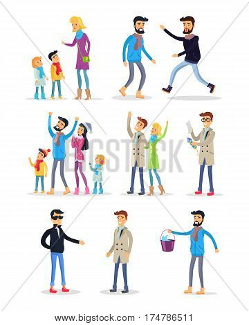 People celebrating New Year on white. Vector illustration of woman teaching children, fighting men, people looking at sky, person reading instruction, man carrying bucket with water in cartoon style